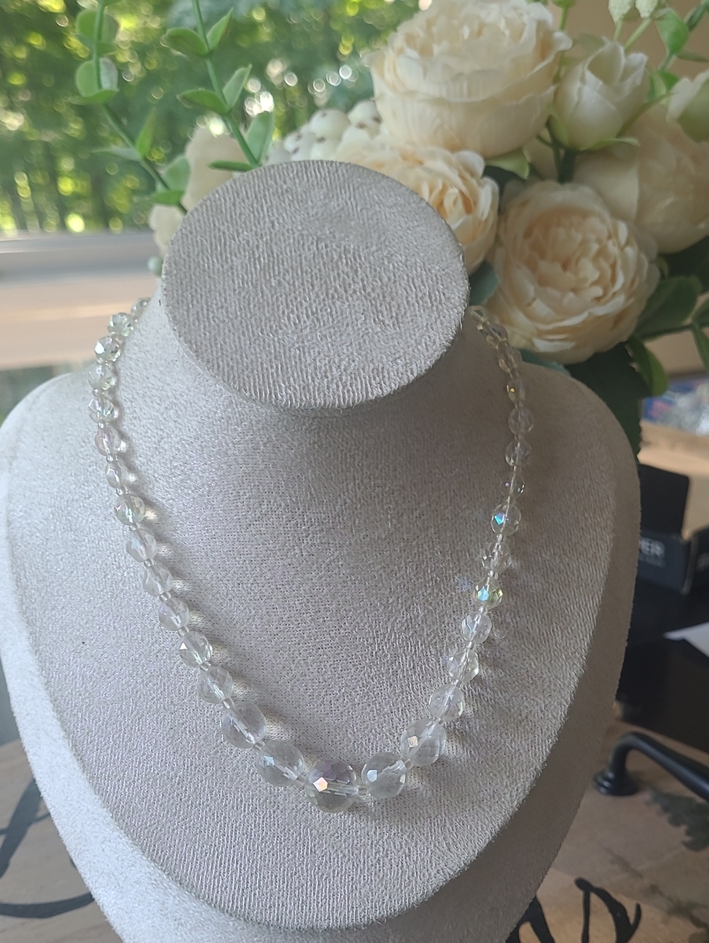 Vintage W Germany Aurora Borealis Glass Bead Necklace Iridescent Mid Century